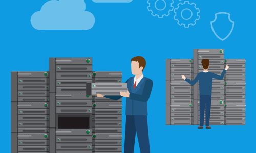 Server maintenance and repair. Flat style website technology concept web infographics vector illustration. Servers hosting cloud services vector illustration icon set. Man changing blade servers rack. Server maintenance and repair. Flat style website technology concept web infographics vector illustration. Servers hosting cloud services vector illustration icon set. Man changing blade servers rack.